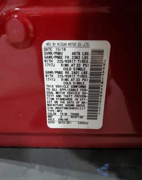 2017 Nissan Rogue S z USA, uszkodzony, nr VIN JN8AT2MV3HW251217